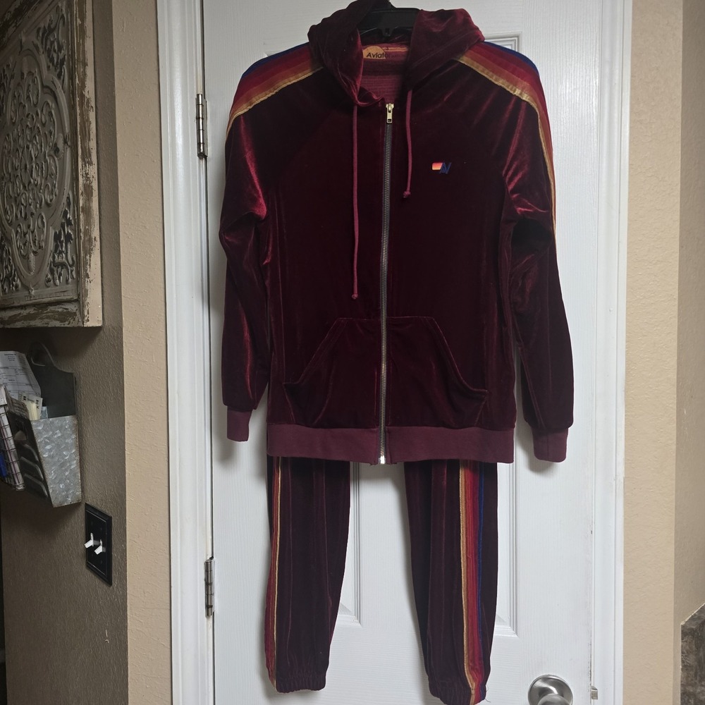 Aviator Nation Velvet 5 Stripe Tracksuit Set Hoodie Joggers Burgundy Rainbow USA